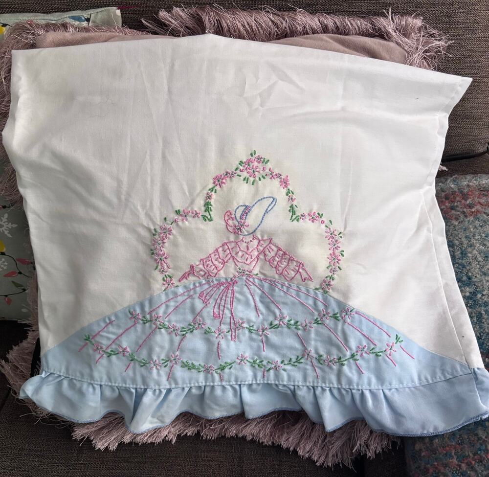 Vintage Hand Embroidered Standard Pillowcase Woman in Hoop Skirt & Bonnet